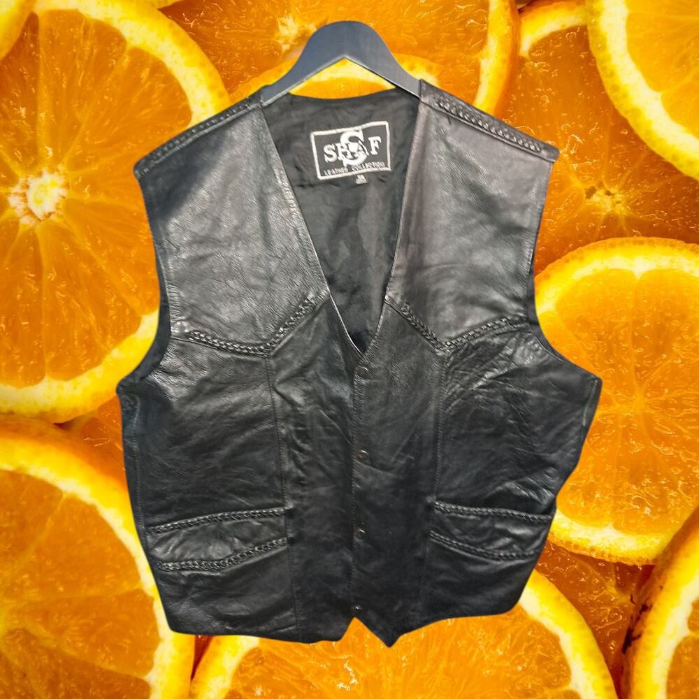 Shaf Men's Black Leather Sleeveless Snap‎ Front Motorcycle Biker Vest Size 58
